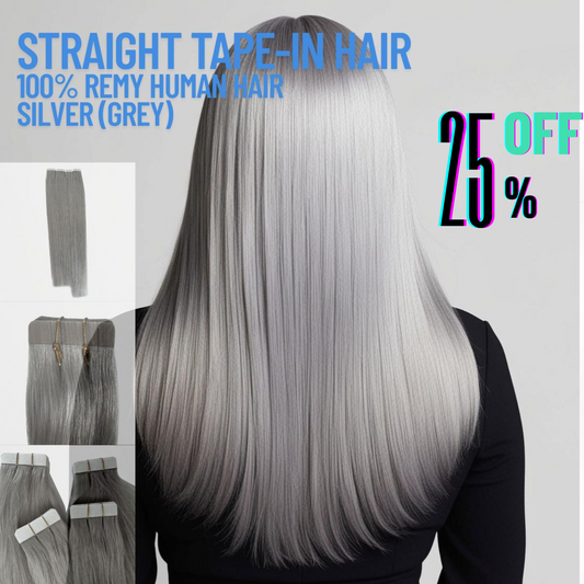 Silver/Grey Straight Tape-In Hair Extensions – 100% Remy Human Hair | 50g Pack | 10''–30'' | Reusable | Ships from Canada