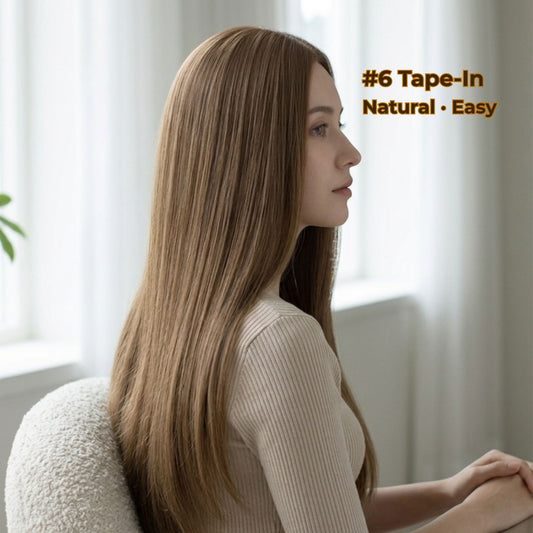 Extensions de cheveux adhésives châtain n° 6 – 100 % cheveux humains Remy | Paquet de 50 g | 25,4 à 76,2 cm | Réutilisables | Expédié depuis le Canada